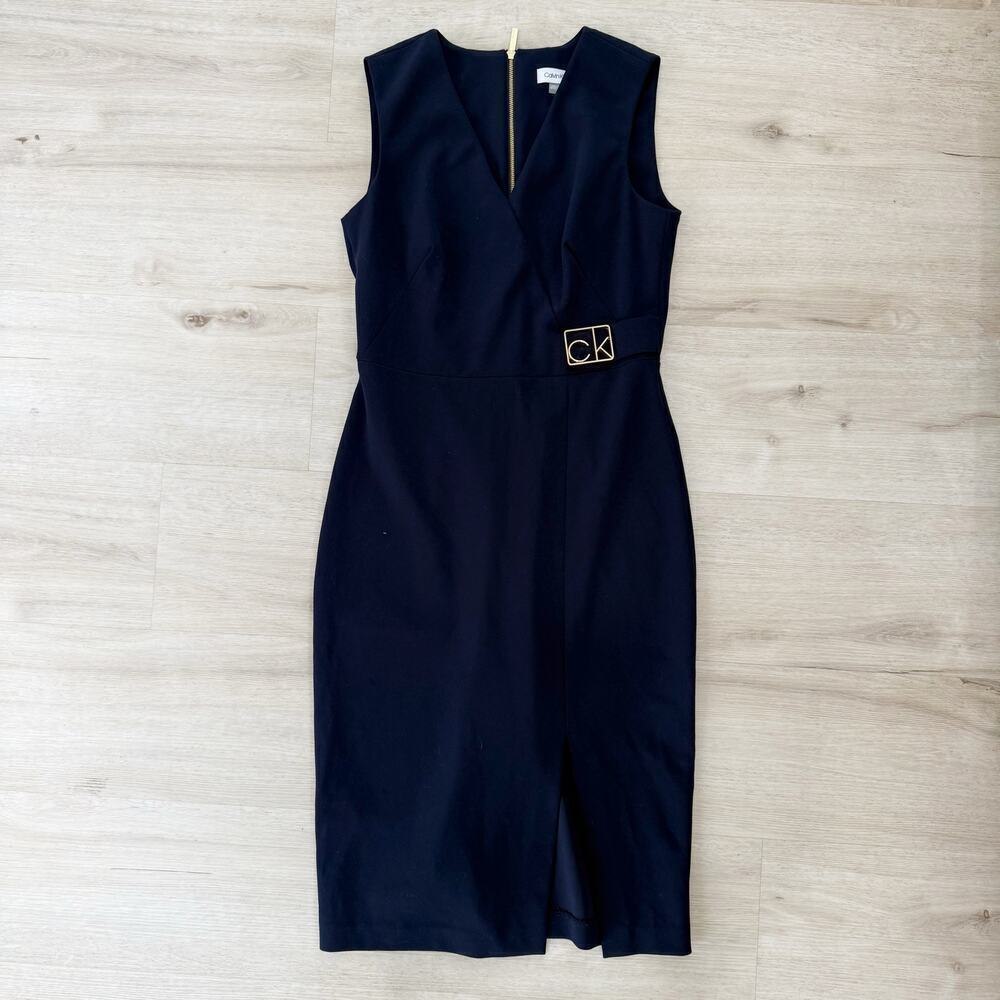 Calvin Klein Navy Blue Stretch Crepe Sleeveless Sheath Dress Logo Buckle Size 4
